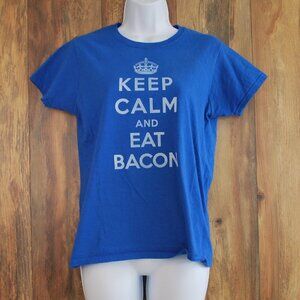 Gildan Graphic Tee Blue "Keep Calm and Eat Bacon" Size Small